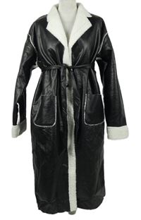 Dámský černý koženkový zateplený kabát s kožíškem a páskem Shein 