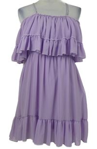 Dámské lila šifonové šaty s odhalenými rameny a volánky 