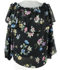 Dámská černá květovaná šifonová halenka s volánkem H&M