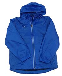 Modrá šušťáková športová bunda s nápisom a kapucňou
