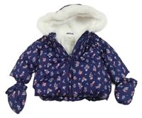 Tmavomodrá květinová šusťáková zimní bunda s kapucí+ rukavice George