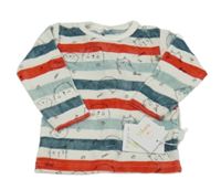 Nové - Bielo-modro-červená pruhovaná zamatová mikina s mačkami