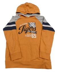 ORanžovo-šedo-tmavomodrá mikina s potiskem a kapucí Vertbaudet