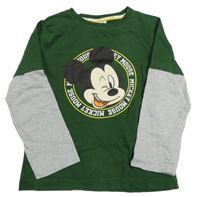 Tmavozelené triko s Mickeym a šedými rukávy Disney