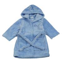 Světlemodrý chlupatý župan s nápisem a kapucí