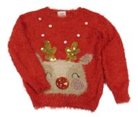 Červený chlpatý sveter so sobom a bambulkami George