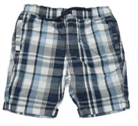 Tmavo-světlemodro-bílé kostkované plátěné kraťasy Tu