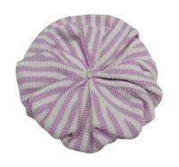 Lila-bílý pruhovaný pletený baret s mašlí