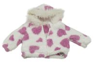 Bílá chlupatá propínací mikina se srdíčky a kapucí