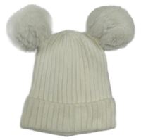 Biela pletená rebrovaná podšitá čapica s bambulemi Tu