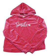 Ružová zamatová crop mikina s nápisom a kapucňou Shein