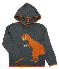 Šedo-oranžový svetr s dinosaurem a kapucí 