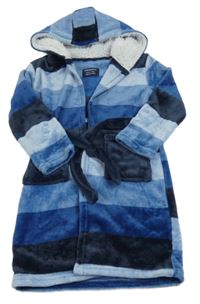 Modro-tmavomodro-světlemodrý pruhovaný plyšový župan s kapucí PRIMARK