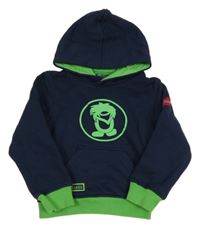 Tmavomodro-zelená mikina s logom a vreckom a kapucňou TROLLKIDS