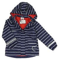 Tmavomodro-bílá pruhovaná šusťáková jarní parka se srdíčky a kapucí Topolino