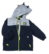 Tmavomodro-strieborná kockovaná šušťáková zateplená bunda s nášivkou a kapucňou F&F