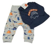 Nové - 2Set - Šedé melírované tepláky s dinosaury + tmavomodré melírované triko s dinosaurem Topomini