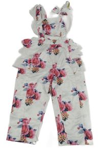 Biele saténové nohavice s růžemi a volánikmi a madeirou a trakami