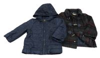 2Set - Tmavomodrá prošívaná šusťáková jarní zateplená bunda s kapucí + tmavošedo/vínovo/černý kostkovaný vlněný podšitý kabát Chicco