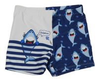 Tmavomodro-biele nohavičkové plavky so žralokmi a pruhmi SHEIN