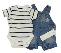 2set - Modré rifľové na traké kraťasy + bielo-tmavomodré pruhované body zn. F&F