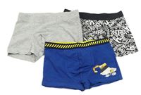 3x boxerky - šedé melírované + černé s netopýry + safírové s bagrem