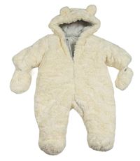 Smetanová kožešinová zateplená kombinéza s kapucí + rukavice Mothercare