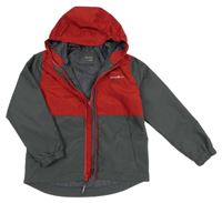 Červeno-tmavošedá šusťáková jarní bunda s kapucí