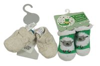 Nové - 2set - Zeleno-bílé ponožky s ovcí + béžové melírované bavlněné capáčky s oušky