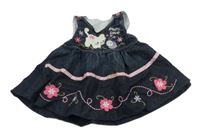 Tmavomodré podšité rifľové na traké šaty s mačkou a kvetmi