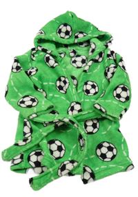 Zelený chlupatý župan s fotbalovými míči a kapucí