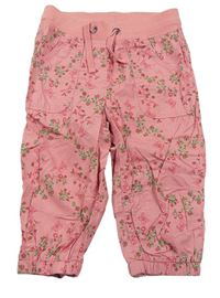 Ružové plátenné kvetované nohavice s úpletovým pasom Papagino
