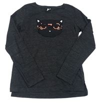 Čierne melírované tričko s mačičkou s flitrami Yigga