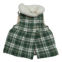 Zeleno-bílá kostkovaná zateplená vesta s chlupatým límcem 