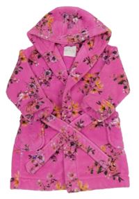 Růžový květovaný chlupatý župan s kapucí Next