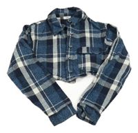 Tmavomodro-bílý kostkovaný crop kabátek s golierikom River Island