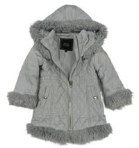 Světlešedý prošívaný šusťákový zateplený kabát s kožešinovými prvky a kapucí River Island
