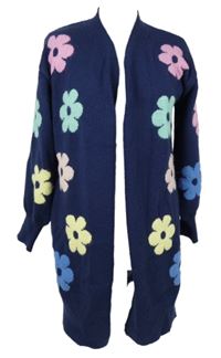 Dámsky tmavomodrý kvietkovany svetrový dlhý cardigán zn. Mudflower