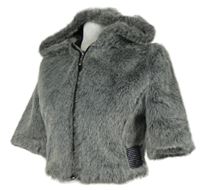 Dámský šedý kožešinový crop kabátek s kapucí 