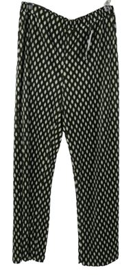 Nové - Dámské černo-khaki-bílé vzorované plisované volné kalhoty 