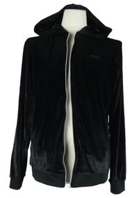 Pánská černá sametová propínací mikina s kapucí Boohoo