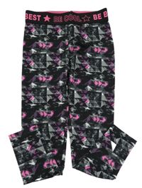 Čierno-bielo-ružové vzorované športové funkčné legíny Ergeenomixx