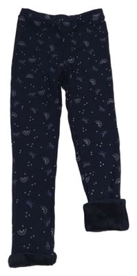 Tmavomodré melírované teplákové zateplené legíny s koníky a duhami a srdíčky Kids