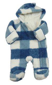 Tmavomodro-bílá kostkovaná huňatá zateplená kombinéza s kapucí Tu