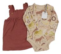 2set- Vínové žebrované šaty+ růžové body se zvířátky Tu