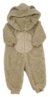 Béžová melírovaná chlupatá kombinéza s ušima a kapucí Next