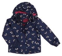 Tmavomodrá šušťáková jarná bunda s dinosaurami a kapucňou