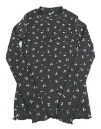 Tmavosivé rebrované tričko s kvítky Y.F.K.