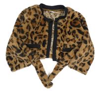 Béžovo-hnedo-čierne kožušinové bolerko s opaskom