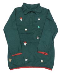 Tmavozeleno-červený sveter s vánočním motívom a golierikom Nutmeg